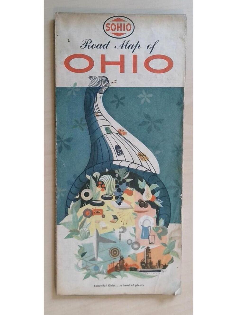 Vintage SOHIO Road Map of Ohio 1950s Gas Station Advertising Fold-Out Map